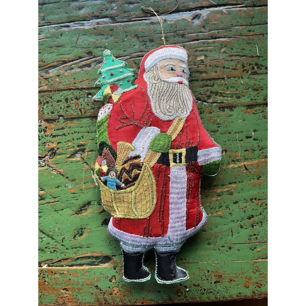 Old World Santa Embroidered Christmas‎ Vintage Ornament Cloth Fabric Gold Thread